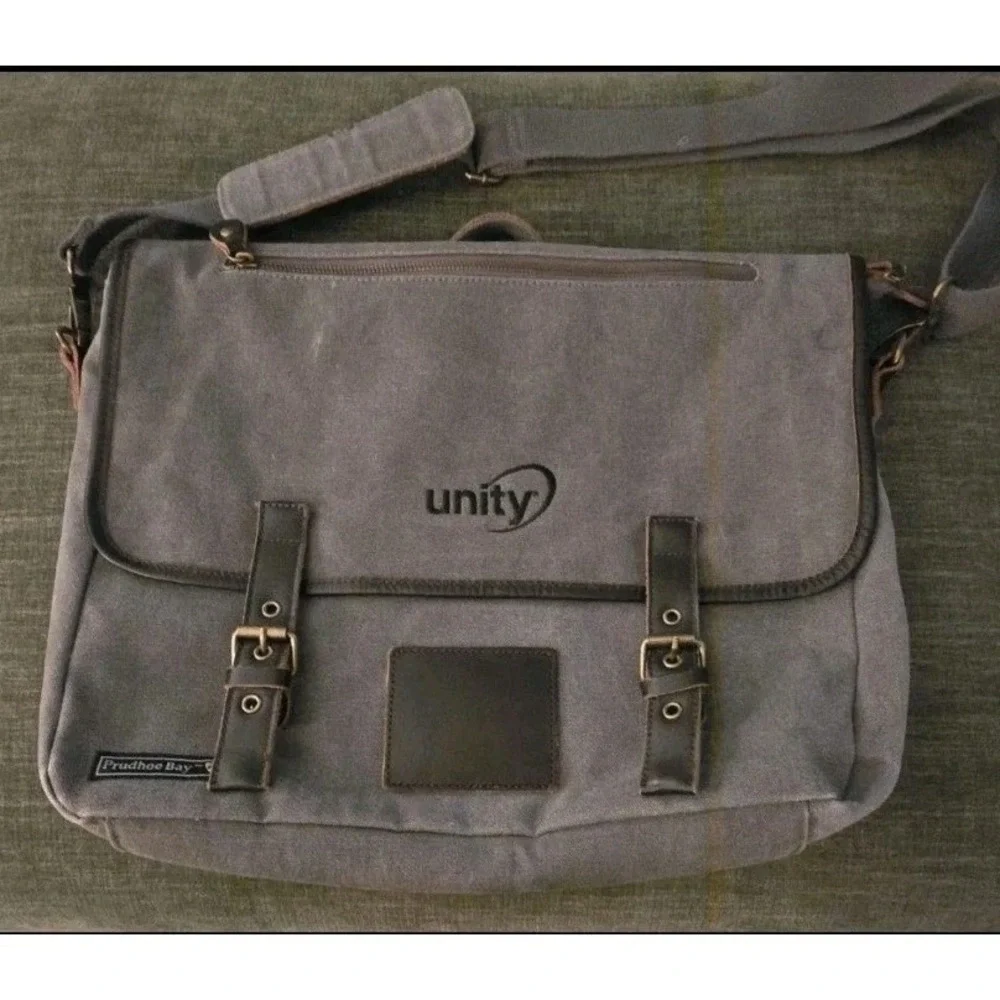 Prudhoe Bay Grey Canvas Messenger Bag Unity Logo Crossbody Satchel Laptop Bag